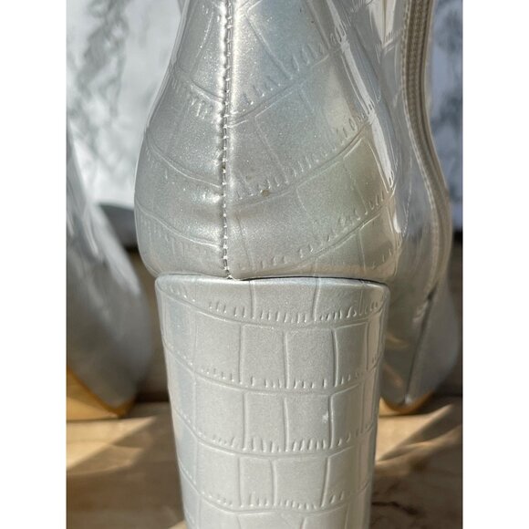 Silver Croc-Embossed Knee-High Boots With Block Heel & Side Zipper Closure size - Picture 7 of 10